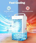 4 In 1 Mini Air Conditioner Fan And Evaporative Cooler With Handle shown cooling with icy graphics and airflow effects