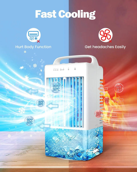 4 In 1 Mini Air Conditioner Fan And Evaporative Cooler With Handle shown cooling with icy graphics and airflow effects