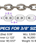 Technical diagram and close-up of Three Eighths Inch G43 Marine Grade Stainless Steel Anchor Chain With Mirror Polished Finish ISO AISI 316