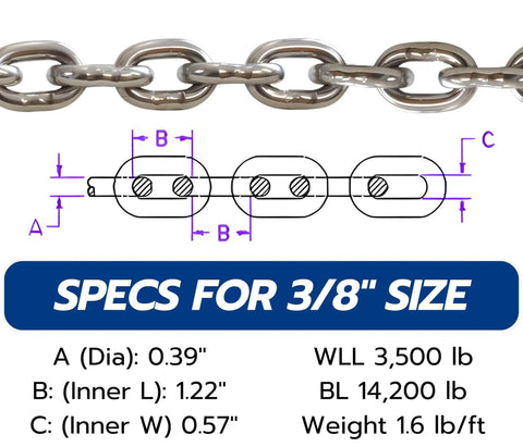 Technical diagram and close-up of Three Eighths Inch G43 Marine Grade Stainless Steel Anchor Chain With Mirror Polished Finish ISO AISI 316