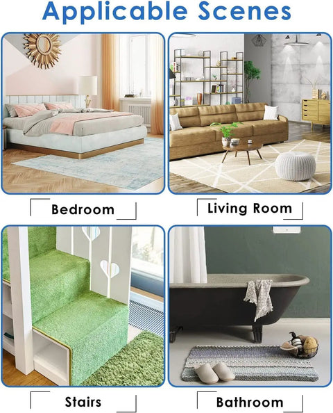 Scenes showing use of Non Slip Rug Pad Grippers Set, 14 Pack Anti Slip Rug Pads For Area Rugs And Carpets in bedroom, living room, stairs, bathroom.