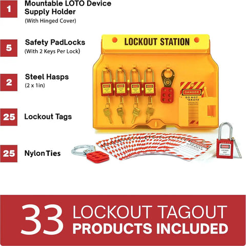 Lockout Tagout Station Kit With Loto Devices For OSHA Compliance Includes 5 Safety Padlocks 2 Hasps 25 Lockout Tags 25 Nylon Ties And A Compact Board