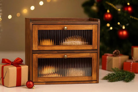 Big Ol Wooden Bread Box For Kitchen Countertop With Two Layer Design And Clear Acrylic Window Rustic Brown Finish lit background