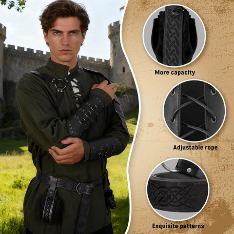 Epic Seven Piece Renaissance Costume Set For Men With Faux Leather Pauldron Shoulder Armor Bracers Detachable Cape