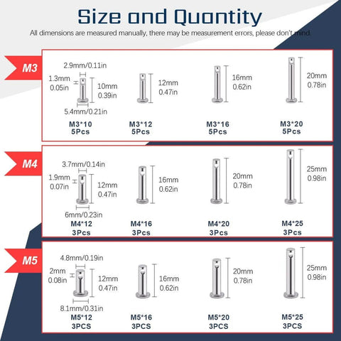 Size chart of Stainless Steel Clevis Pins Kit 44Pcs 12 Sizes 304 Grade Assortment Go-To For M3 M4 M5 Fasteners Link And Hinge Pins
