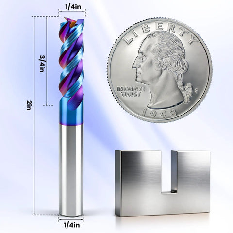 Carbide Square End Mill With Nano Blue Coating One Quarter Inch Shank 3 Flute CNC Milling Bit Set for Aluminum Copper Magnesium Alloys