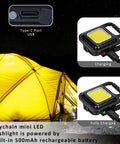Rechargeable Keychain Flashlight 4 Pack with COB LED ultra bright work light showing charging status and USB Type-C port during camping