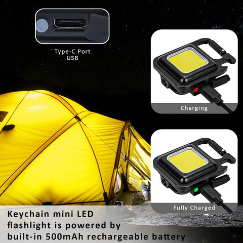 Rechargeable Keychain Flashlight 4 Pack with COB LED ultra bright work light showing charging status and USB Type-C port during camping