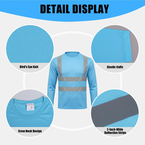 Detail display of Heavy Duty Class Three High Visibility Long Sleeve Safety Shirt Loaded With Ansi Certified Reflective Tape, featuring bird's eye knit and elastic cuffs.