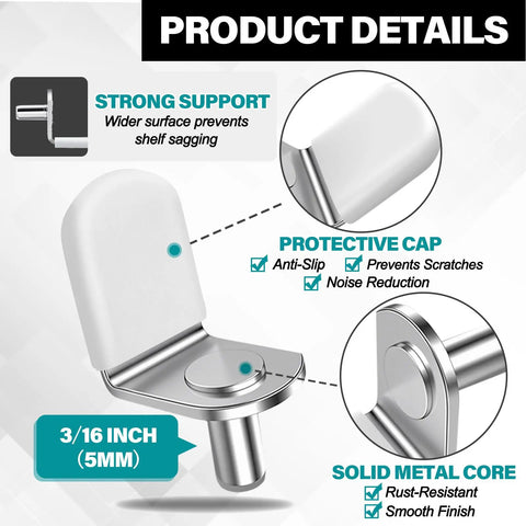 24 Pack Nickel Plated Shelf Pins And Pegs 5Mm With Anti Slip Caps strong support with protective cap and solid metal core.