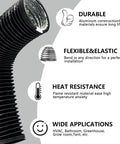 4 Inch Dryer Vent Hose 10 Feet Flexible PVC Duct For HVAC Ventilation Built Tough Three Layer Aluminum Foil Construction Fire Resistant Safe To Use Durable Air Duct With Two Hose Clamps in angled view showing features like durability, flexibility, heat resistance, and wide applications.