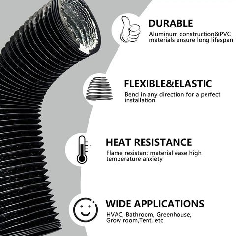 4 Inch Dryer Vent Hose 10 Feet Flexible PVC Duct For HVAC Ventilation Built Tough Three Layer Aluminum Foil Construction Fire Resistant Safe To Use Durable Air Duct With Two Hose Clamps in angled view showing features like durability, flexibility, heat resistance, and wide applications.