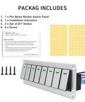 Pack includes Eight Gang Aluminum Rocker Switch Panel For 12V And 24V Systems, accessories, and installation instructions.
