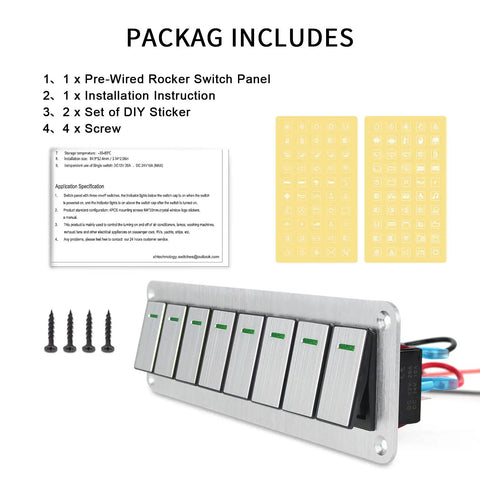 Pack includes Eight Gang Aluminum Rocker Switch Panel For 12V And 24V Systems, accessories, and installation instructions.