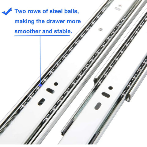 Six Pairs Of 14 Inch Three Fold Side Mount Ball Bearing Drawer Slides With Soft Close And Full Extension, 100 Lb Capacity, Screws Included, Zinc Plated Steel For A Quiet, Smooth Glide In Kitchen Or Office Cabinets, close-up of two rows of steel balls for stability.
