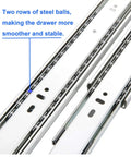 Close-up of Six Pairs Of 22 Inch Soft Close Full Extension Drawer Slides With Side Mount Ball Bearings, steel balls detail visible.