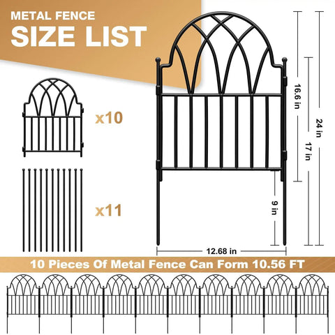 Diagram of Garden Fence Set With No Dig Ground Stakes Arched Metal Panels For Dog Barrier And Flower Bed Edging Easy Install With Ten Panels 24 Inches High By 12.68 Inches Long Per Panel 10.56 Feet Total Length For Yard Patio Outdoor Decor.
