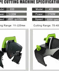 Pro Grade Automatic Pipe Cutting Machine With Cold Cutting Technology And Dual Saw Blades For Stainless Steel PVC Copper And More 15-400mm Pipe Range Delivers Burr-Free Cuts Fast In Minutes shown with specifications and dual models.