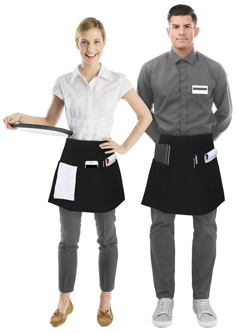 4 Pack Server Aprons With 3 Pockets For Waiters And Waitresses, Water And Oil Resistant Short Waist Aprons For Women And Men, Adjustable Tie, Durable, Machine Washable, Fade-Proof, Wrinkle-Resistant, Black