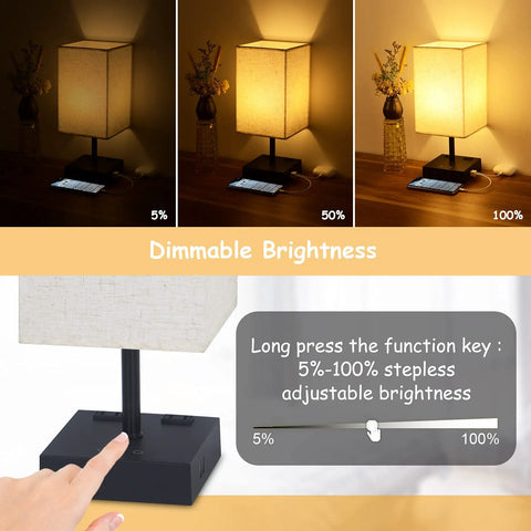Image of a Three Color Touch Table Lamp With Dimmable Brightness And 2700K 4000K 5000K Color Temperature USB Ports And AC Outlets Black Base Beige Shade Bedside Nightstand Light With Bulb Included Easy Tap Control To Set The Mood showing dimming levels from 5% to 100%.