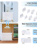 Retractable Baby Gate for Stairs and Doorways, 34 inch tall, installed indoors showing hardware and wall spacers, white.
