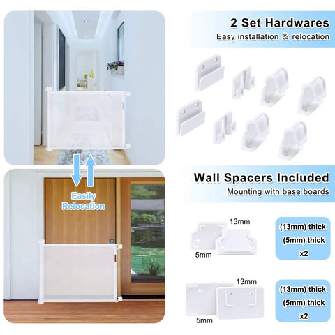 Retractable Baby Gate for Stairs and Doorways, 34 inch tall, installed indoors showing hardware and wall spacers, white.