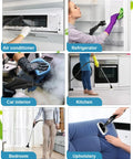 Hefty Handheld Steam Cleaner With Badass 2500 Watt Power And Snappy Fifteen Second Heat Up For Killer Grease Removal And No Sweat Deep Cleaning On Windows Tile And Cars Around Your Place in use on various surfaces like car interior and refrigerator.