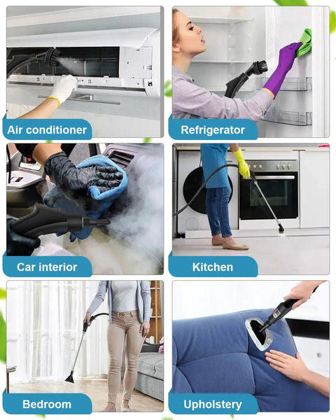 Hefty Handheld Steam Cleaner With Badass 2500 Watt Power And Snappy Fifteen Second Heat Up For Killer Grease Removal And No Sweat Deep Cleaning On Windows Tile And Cars Around Your Place in use on various surfaces like car interior and refrigerator.