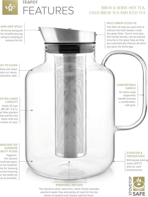 All In One Extra Large Multi Brew Borosilicate Glass Teapot Kettle And Pitcher With Tip And Pour Filter Lid For Hot Tea Iced Tea Cold Brew And Fruit Infused Water Plastic Free No Fuss shown from side view with filter lid.