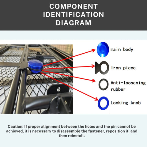 Component diagram of 60 Inch Folding Hitch Mount Cargo Carrier Basket with labels for parts like locking knob.