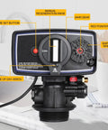 Close-up of Easy Set No Fuss 12 Day Water Softener Timer Control Valve with 3W Backwash Head, showing dials and settings.