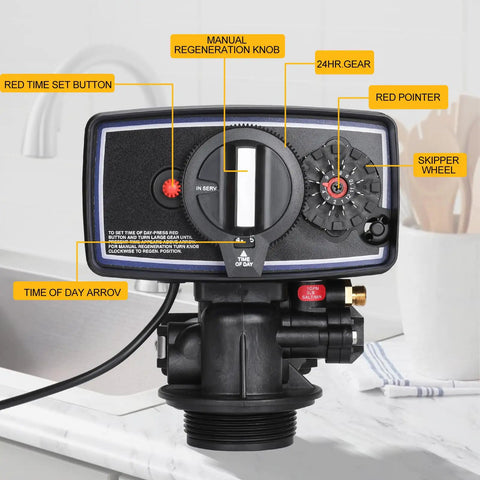 Close-up of Easy Set No Fuss 12 Day Water Softener Timer Control Valve with 3W Backwash Head, showing dials and settings.