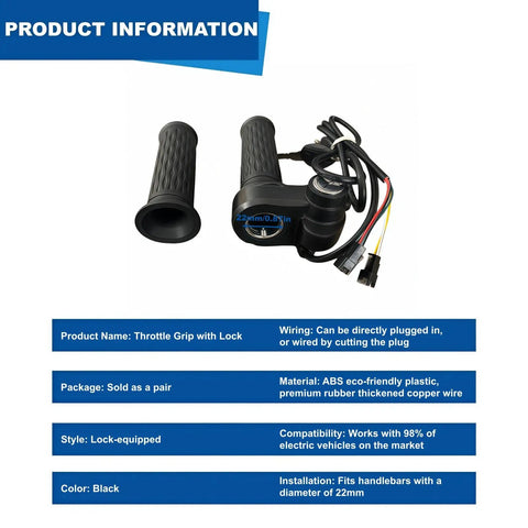 Full Twist Ebike Throttle With Key Lock, Waterproof 3 Pin Design, Easy Install Plug And Play 22mm Handlebar Fit, Universal Voltage For Electric Bicycles And Scooters, Anti Slip Grips For Secure, Smooth Rides On 22mm Handlebars