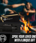 Ferro Rod Fire Starter Kit With Paracord And Scraper, 6 Inch Long, Half Inch Diameter Ferrocerium Rod, in gift box near campfire