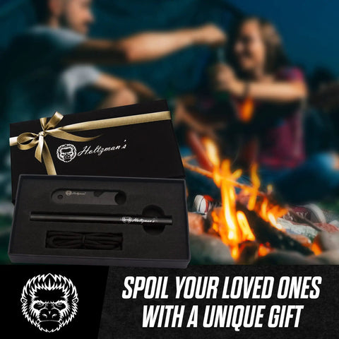 Ferro Rod Fire Starter Kit With Paracord And Scraper, 6 Inch Long, Half Inch Diameter Ferrocerium Rod, in gift box near campfire