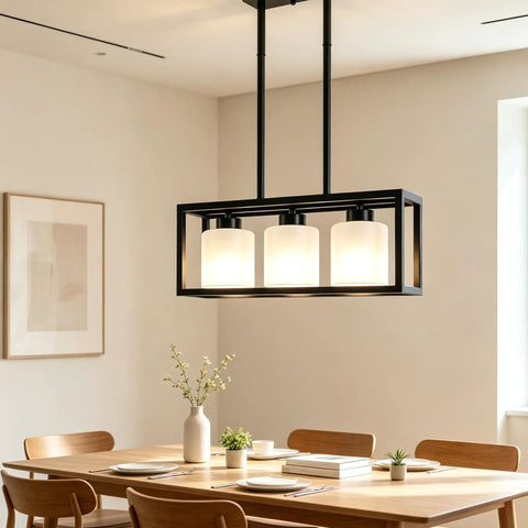 ROCUNSI 3-Light Black Kitchen Island Lighting above a dining table, featuring three glass shades and a modern design.