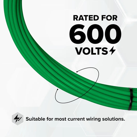10 Gauge Insulated Solid Copper THHN THWN Wire 25 Ft Ground Wire For Electrical Grounding In Homes Shops And Industrial Projects Indoor Outdoor Use Green Jacket Pro Grade Conduit And Tray Compatible, rated for 600 volts