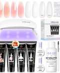 Hema-Free Poly Gel Nail Kit Starter with UV lamp, slip solution, four gel colors, dual forms, brush, and nail tools for at-home salon.