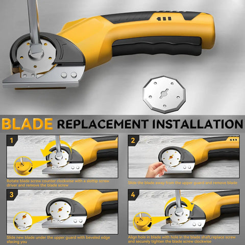 HomeBeyond Cordless Electric Scissors With Bright Led Light And Safety Lock Powerfully Slices Through Cardboard, Fabric, Leather, And Carpet Up To 8mm Thick For Effortless Diy Projects and Crafting Tasks blade replacement diagram highlights installation steps.
