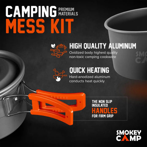 All-In-One Camping Cookware Set With Stove And Adapter, 10-Piece Backpacking Mess Kit Featuring Nonstick Aluminum Pots details