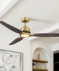 56" Soft Brass Chandelier Ceiling Fan,2 Downrods Fandelier with Remote in a modern living room with wooden blades.