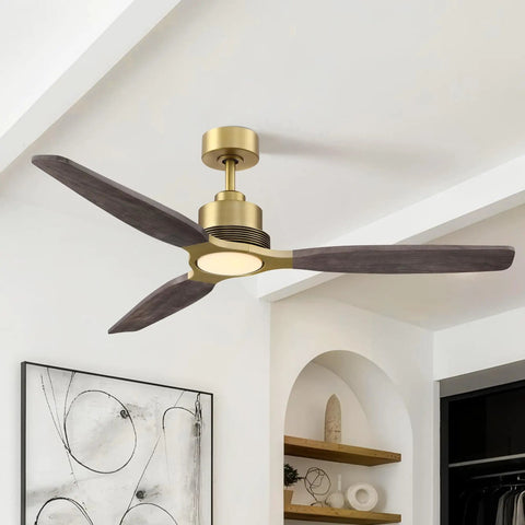 56" Soft Brass Chandelier Ceiling Fan,2 Downrods Fandelier with Remote in a modern living room with wooden blades.