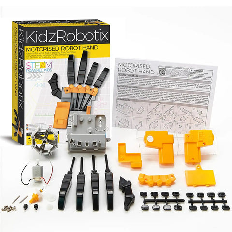 Hands On Motorized Robot Hand Kit For Kids A Fun Do It Yourself STEM Toy That Lets You Build A Working Robotic Hand Controlled By A Programmable Drum With Peg Based Patterns And Endless Rhythm Experiments., boxed motorized robot hand kit with drum, parts, and manual