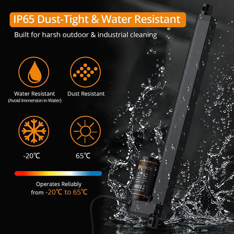 Heavy Duty 12V Linear Actuator Pumps Out 1500N Thrust With Slick 12 Inch Stroke For Bed Lifts Solar Mounts And Medical Equipment Built Tough With IP65 Weather Sealing, showing water and dust resistance features.
