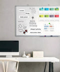 Whiteboard with dry erase magnetic tape roll used for organization, showing labeled strips and calendar, desk setup in front