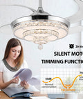 Crystal Chandelier Ceiling Fan With Light 42 Inch LED Stepless Dimmable Fandelier with silent motor and retractable blades in living room.