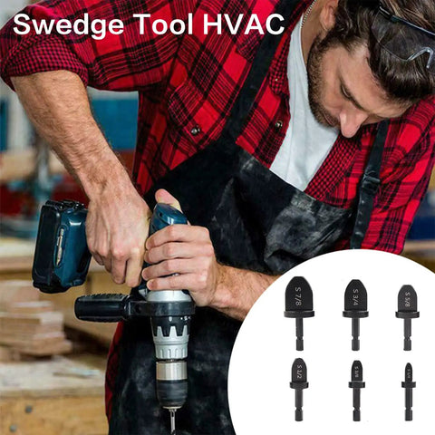 Man using drill with Six Piece HVAC Copper Pipe Expander Set With Swage Tools And Flaring Kit For Quick Pipe Expansion And Flare Work