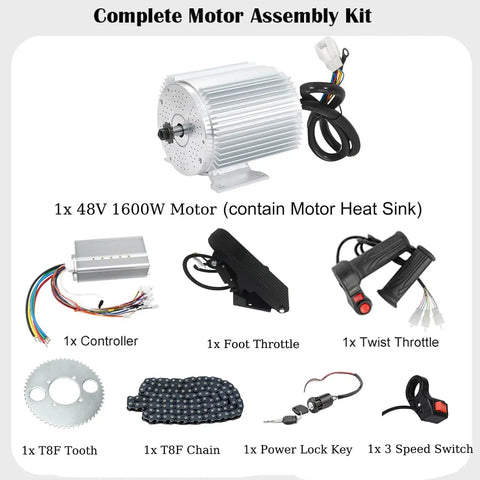 Complete 1600W 48V Brushless DC Motor Kit for Go Karts with controller, throttles, chain, and accessories.