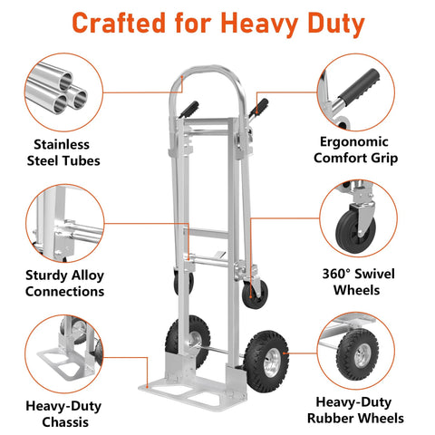 Stainless steel dolly cart with 800 lb capacity, 2-in-1 folding hand truck and 360° swivel wheels.