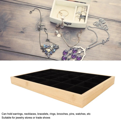 Dope Black Wooden Jewelry Tray With 24 Soft Padded Slots For Rings Bracelets Bangles And Chains Scratch Resistant Storage Holder Box showing organized jewelry layout.